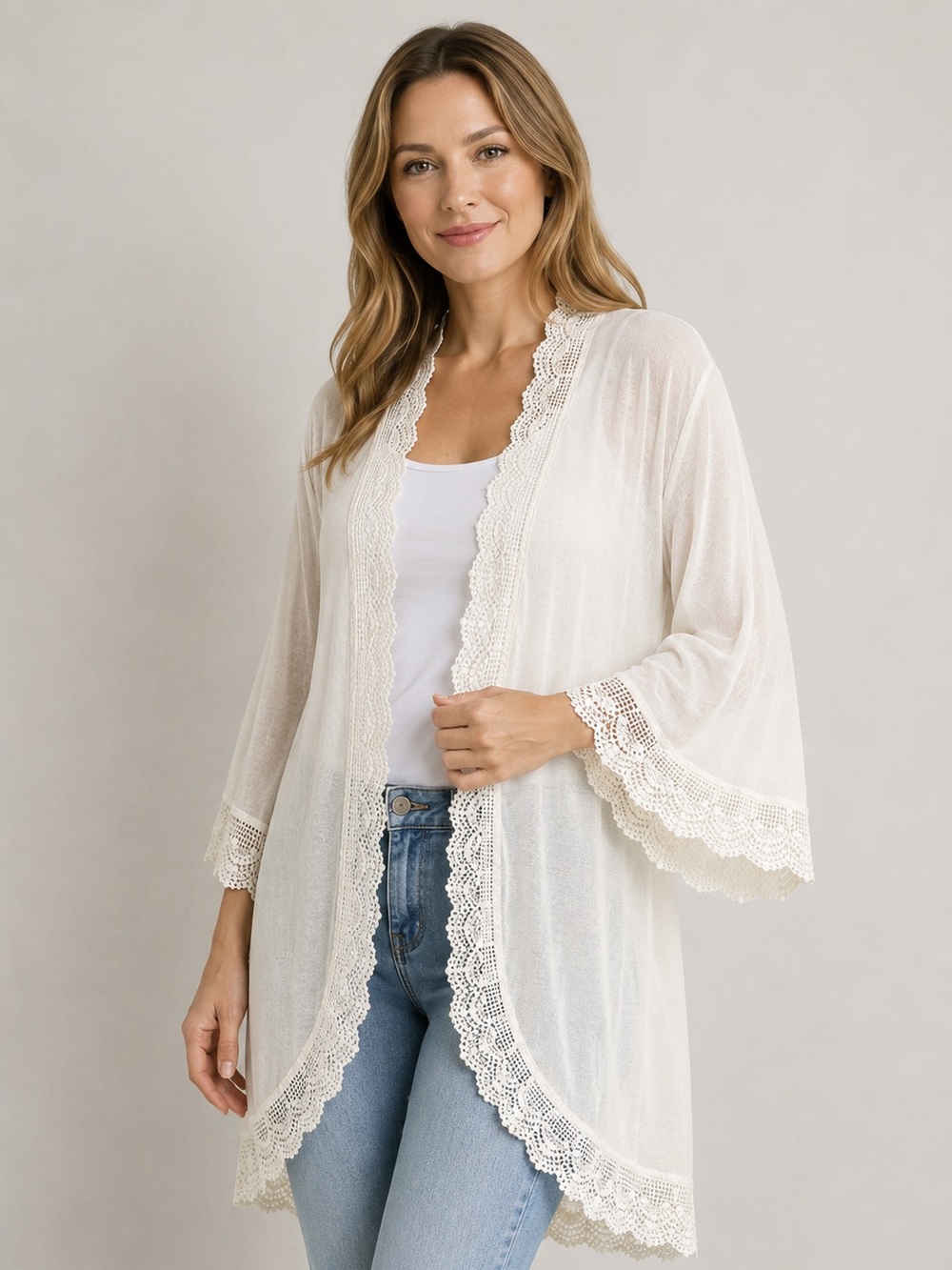 Spadehill Women's Summer Lace Bell Sleeve Kimono Cardigan Light Weight, Size 2XL